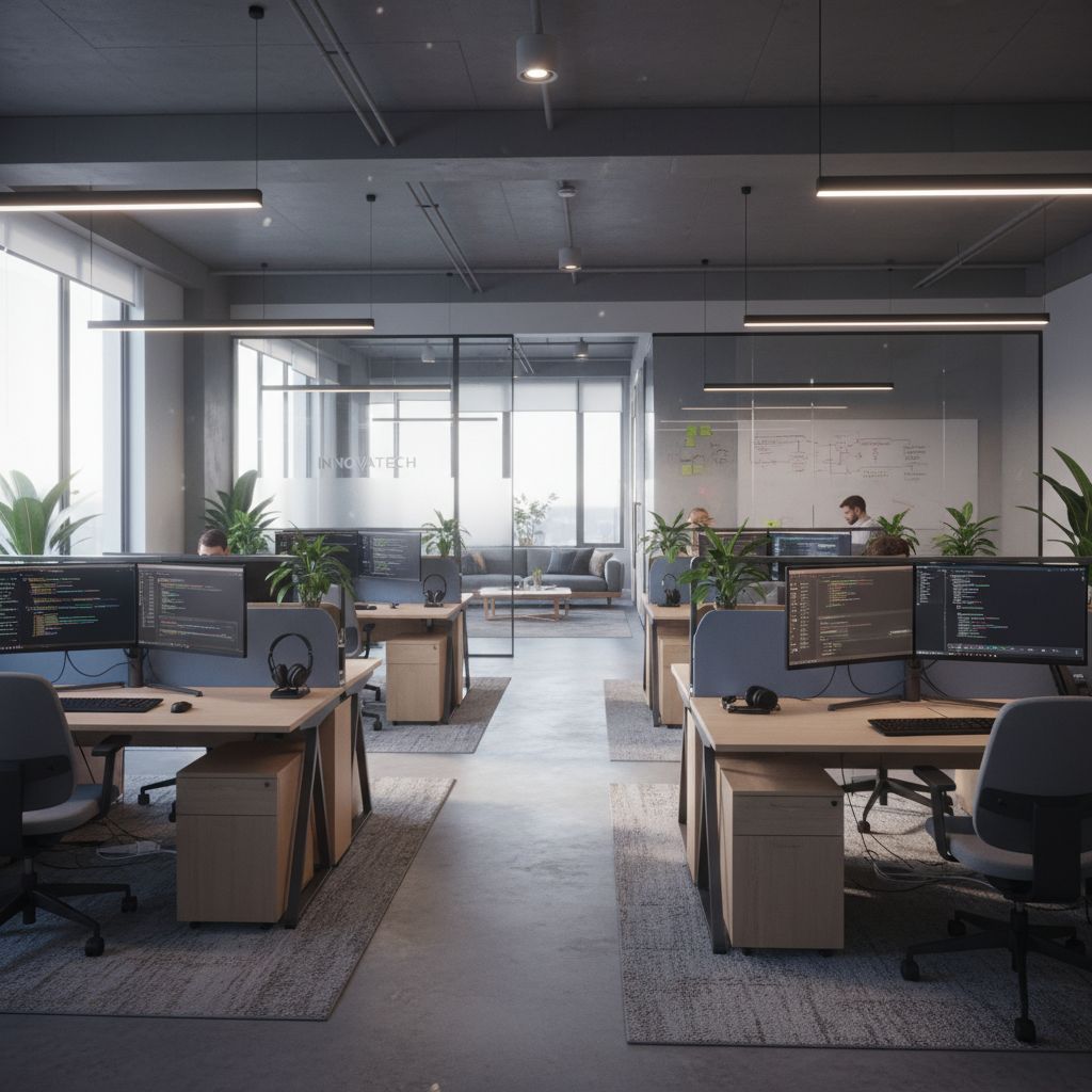 Software development workspace with multiple monitors showing code